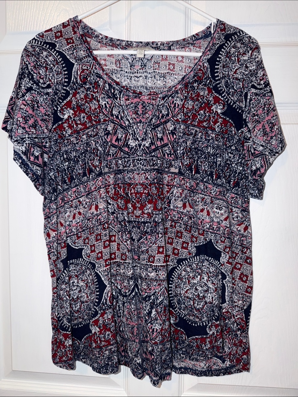 Lucky Brand Pink, Navy & White Paisley-Geometric Short Sleeve Tee